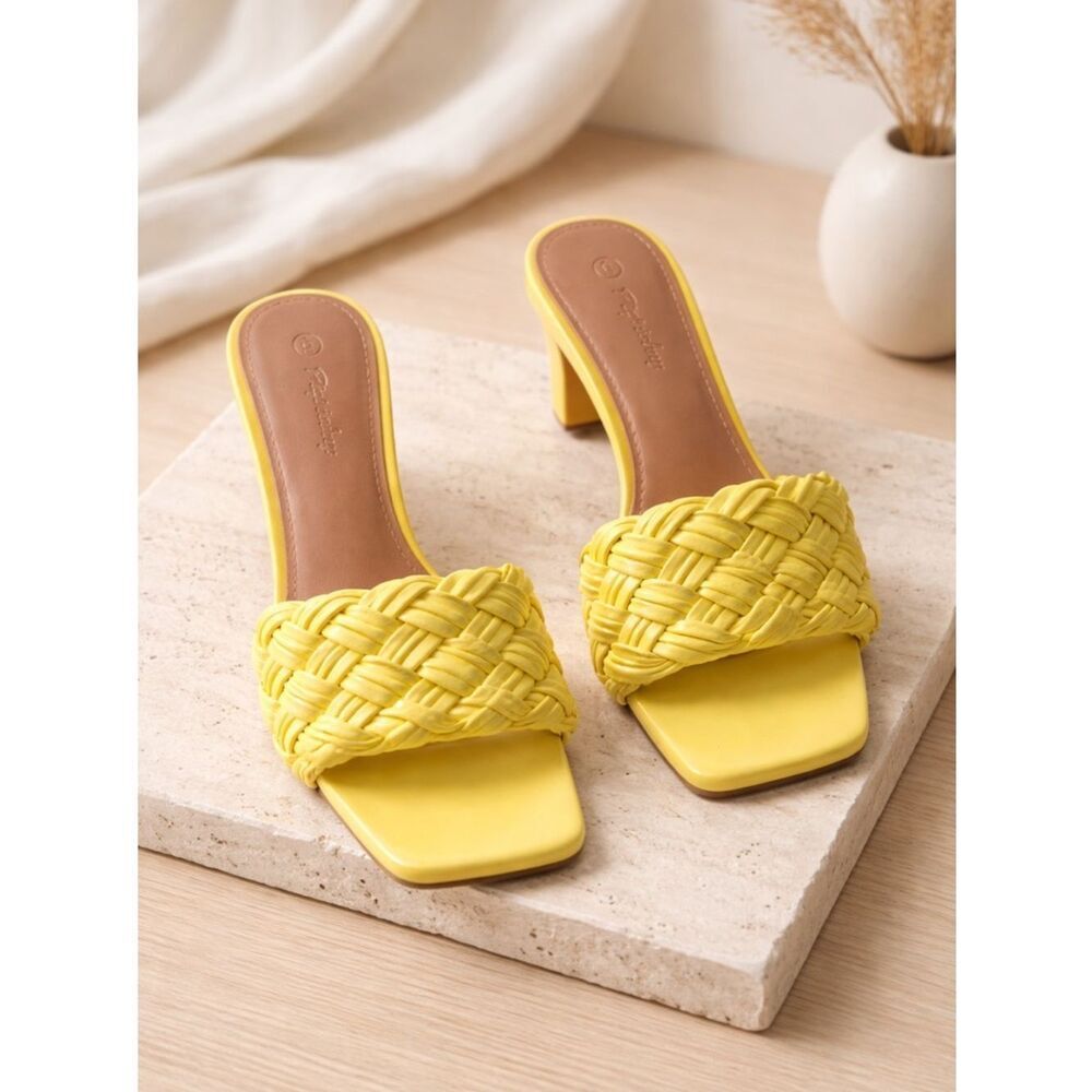 GUC Piepiebuy Women’s Yellow Braided Slip-On Sandals 2” Kitten Heel - Size 6